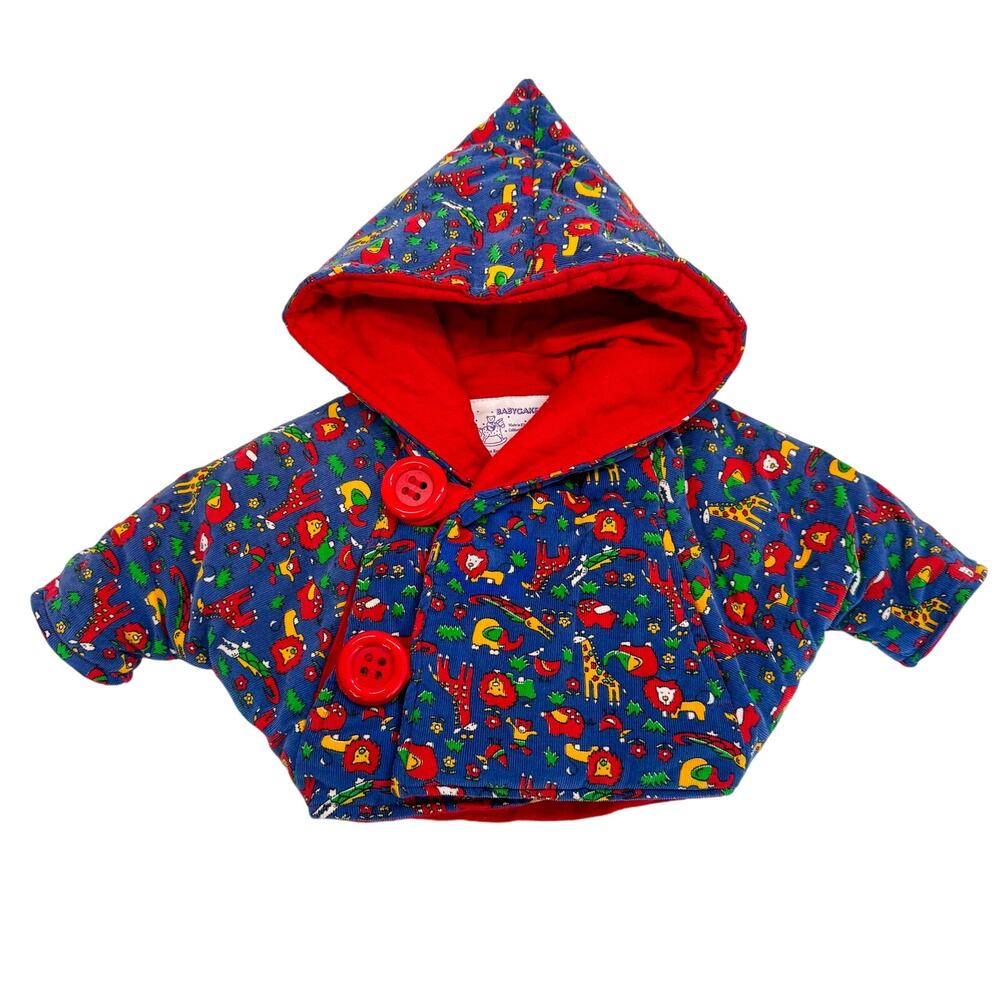 Vintage 1989 Babycakes 6 Months Cotton Zoo Animals Fleece Hooded Jacket Blue Red
